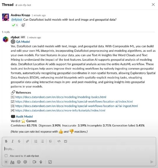 Screenshot from the Data Robot website showing an LLM answering a user question in Slack. The bot answers the question and evaluates itself whilst also asking the user for feedback on the response.