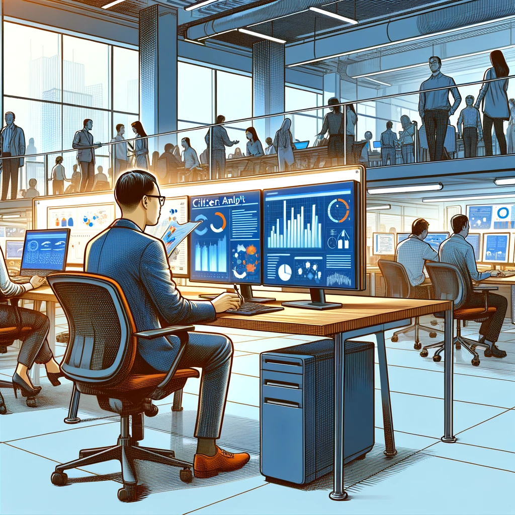 A cartoon image generated by AI, illustrating what a citizen analyst might look like in the office. The analyst has two screens open showing various graphs. The environment is a typical busy office.